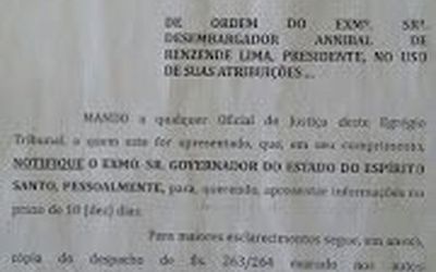 Presidente do Tribunal de Justiça notifica governador Hartung para prestar informações sobre pedido de intervenção federal no Espírito Santo