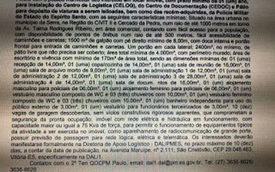 EDITAL TRAZ ESPECIFICAÇÕES EXATAS E DETERMINADAS: Polícia Militar do Espírito Santo publica edital para aluguel de imóvel informando até o nome da avenida onde tem de estar localizada a área
