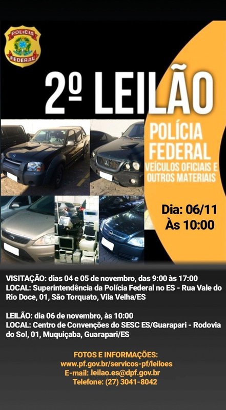 Polícia Federal realiza leilão de veículos oficiais e outros bens em Guarapari