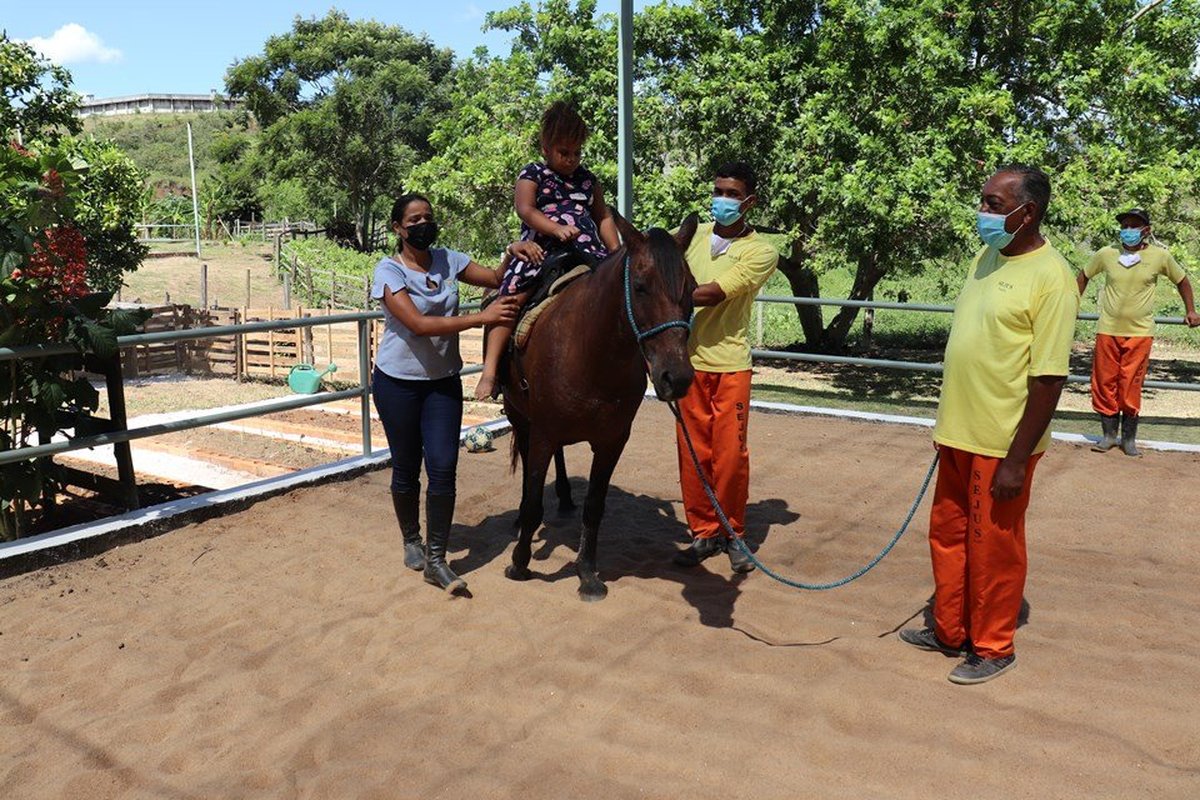 Apenados da Colônia Penal do Espírito Santo ajudam crianças da Apae a se desenvolver com o projeto de equoterapia