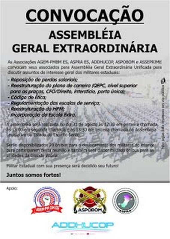ENTIDADES COLOCAM ÔNIBUS À DISPOSIÇÃO DOS PROFISSIONAIS QUE SE DESLOCAREM DO INTERIOR: Militares capixabas farão grande Assembleia Geral Extraordinária Unificada na quarta-feira em Vitória