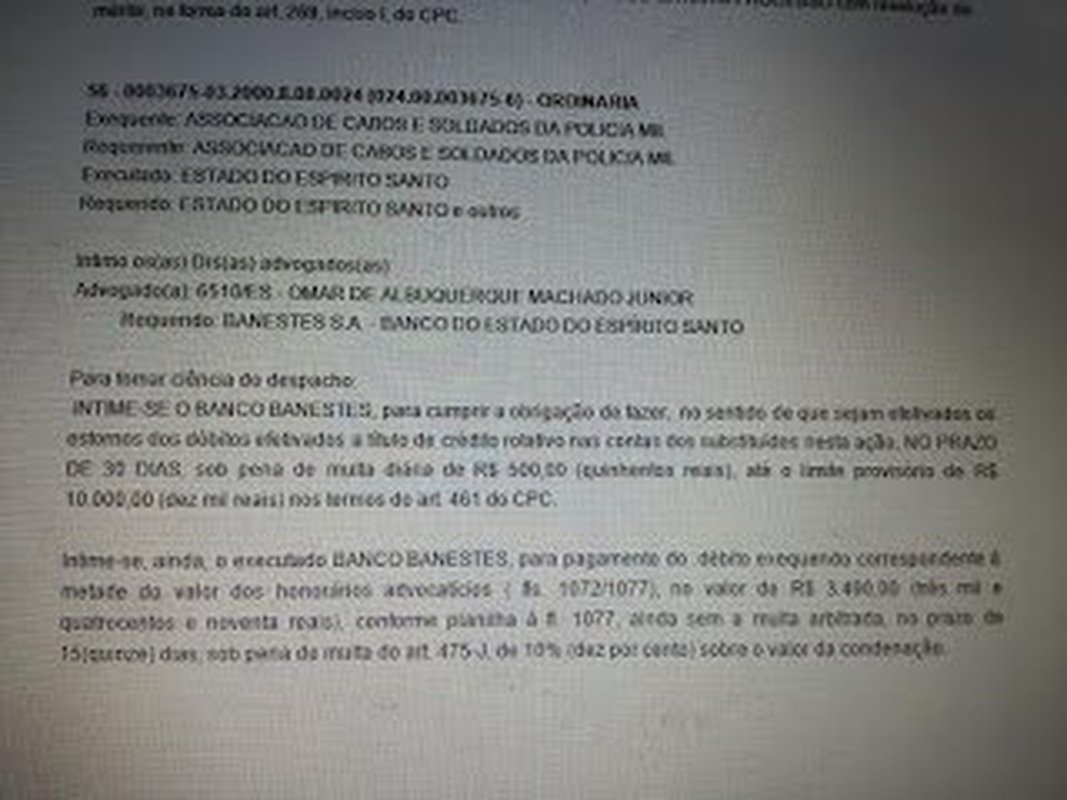 Diário Oficial de Justiça publica intimação para o Banestes pagar aos associados da ACS/ES o que foi cobrado indevidamente do Crédito Rotativo