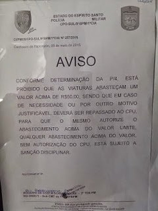 Polícia Militar ameaça prender policial que gastar mais de R$ 50,00 de gasolina com viatura