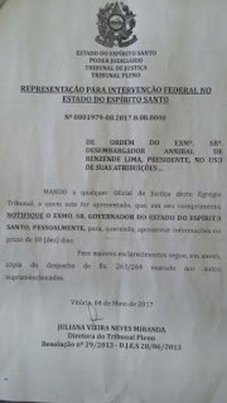 Presidente do Tribunal de Justiça notifica governador Hartung para prestar informações sobre pedido de intervenção federal no Espírito Santo