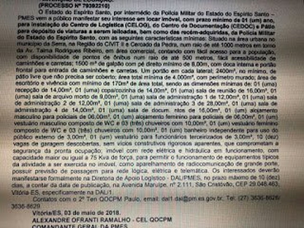 EDITAL TRAZ ESPECIFICAÇÕES EXATAS E DETERMINADAS: Polícia Militar do Espírito Santo publica edital para aluguel de imóvel informando até o nome da avenida onde tem de estar localizada a área