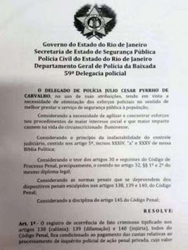 Delegado cobrava R$ 55,72 para registrar crime no Rio